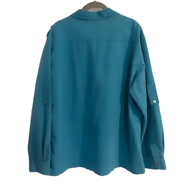 Chico’s Blouse Top Women's Size 3 Large Blue Textured Button Down Tab Sleeves - Picture 2 of 6